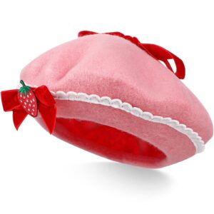 Berets Strawberry Bow Woolen Beret Hat Wool Cap Pink Handmade Fashion Warm Hat