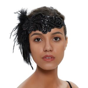 LATIMOON 1920s Flapper Headband Vintage Black Feather Headpiece with Sequin Beads Roaring 20s great Gatsby Hair Accessory for Women