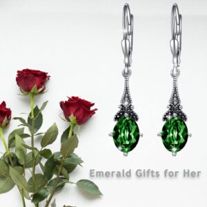 Vintage Leverback Emerald Green May Birthstone Earrings Sterling Silver Retro Drop Dangle Earrings with Oval Crystal from Austria, Birthday Christmas Jewelry Gifts for Women