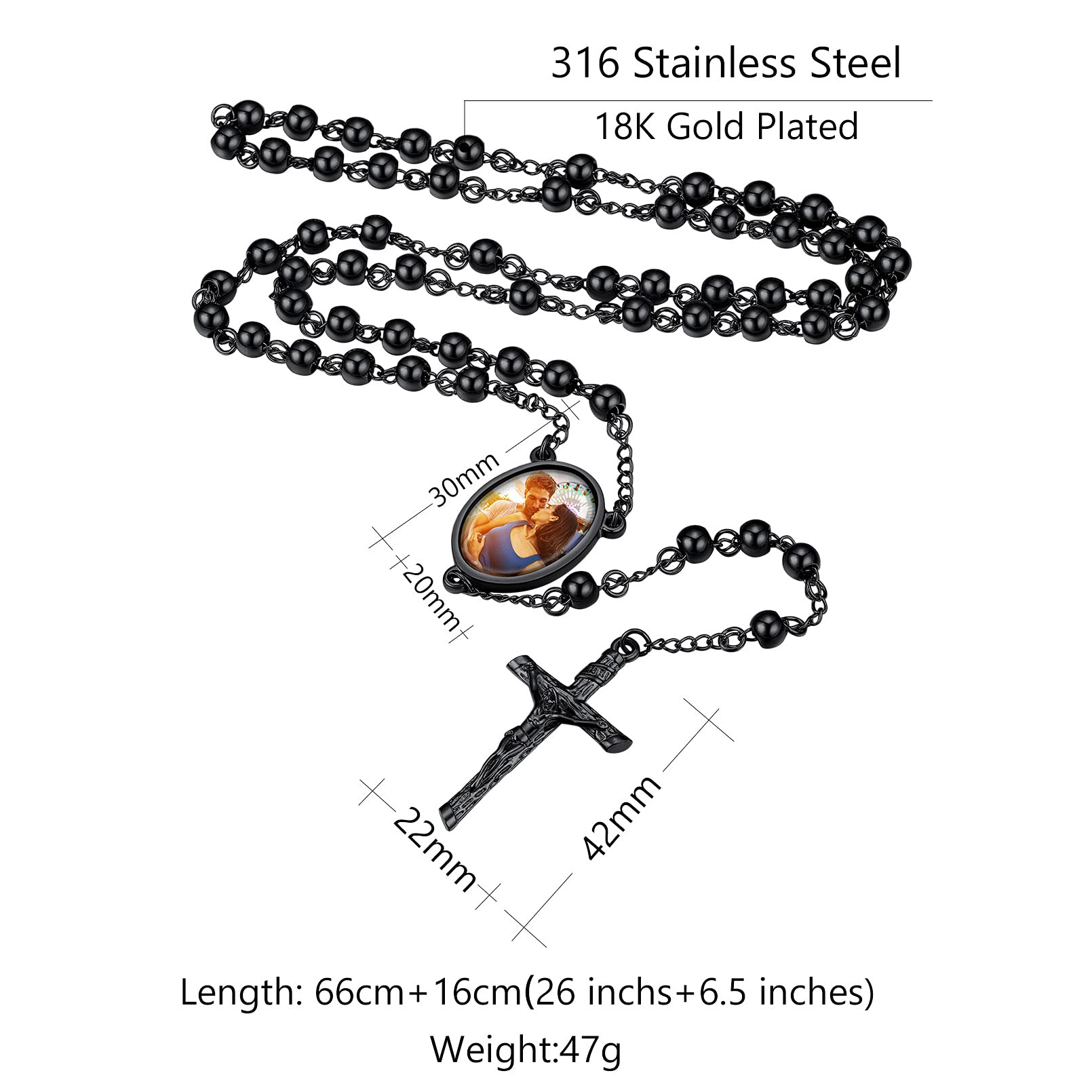 Custom4U Custom Rosary with Picture & Name Personalized Rosary Beads Catholic for Women Photo Pendant Cross Necklace Chain Customized Memorial Religious Jewelry for Women Men