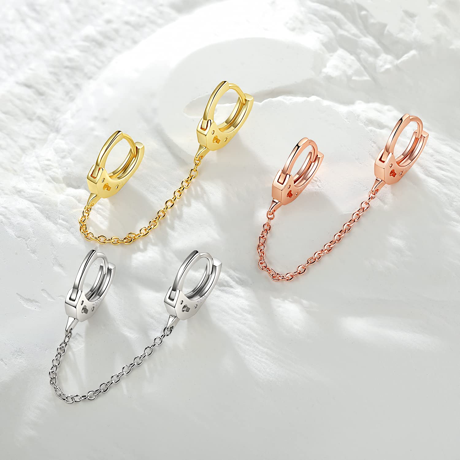 Unique Corn 14K Gold Plated Double Piercing Handcuff Chain Hoop Earrings for Women Two Holes Connecting Earrings (Silver)