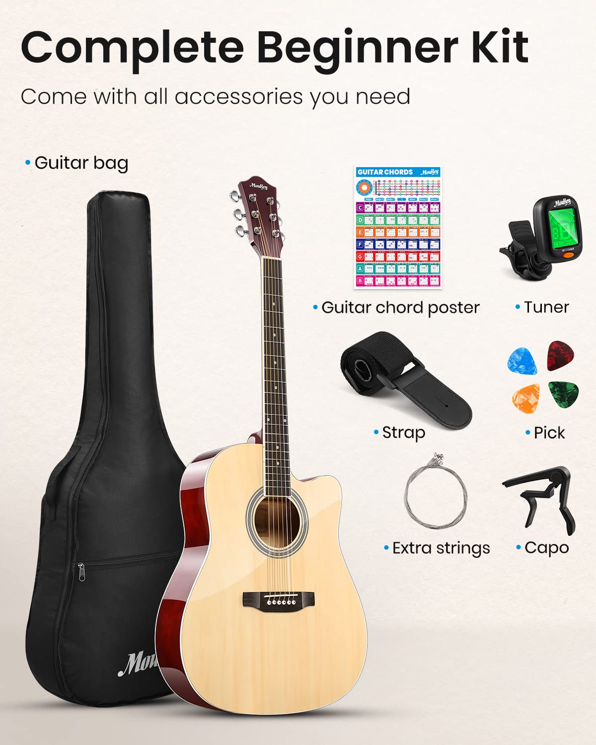 Moukey 41" Acoustic Guitar for Beginners Adults 4/4 Guitarra Acustica with Chord Poster, Gig Bag, Tuner,Steel Strings, Capo, Strap, Natural