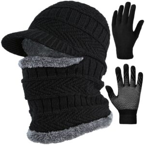 t wilker 2pcs winter knit beanie balaclava hat anti-slip touch screen mittens set thermal ski mask cap unisex for womens mens black