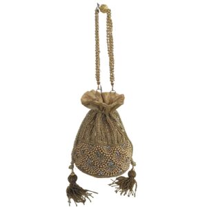 Women Handmade Beadwork Motif, Indian Potli Bag, Drawstring Bucket Bag, Bridal Evening Purse In Gold (Gold #1)