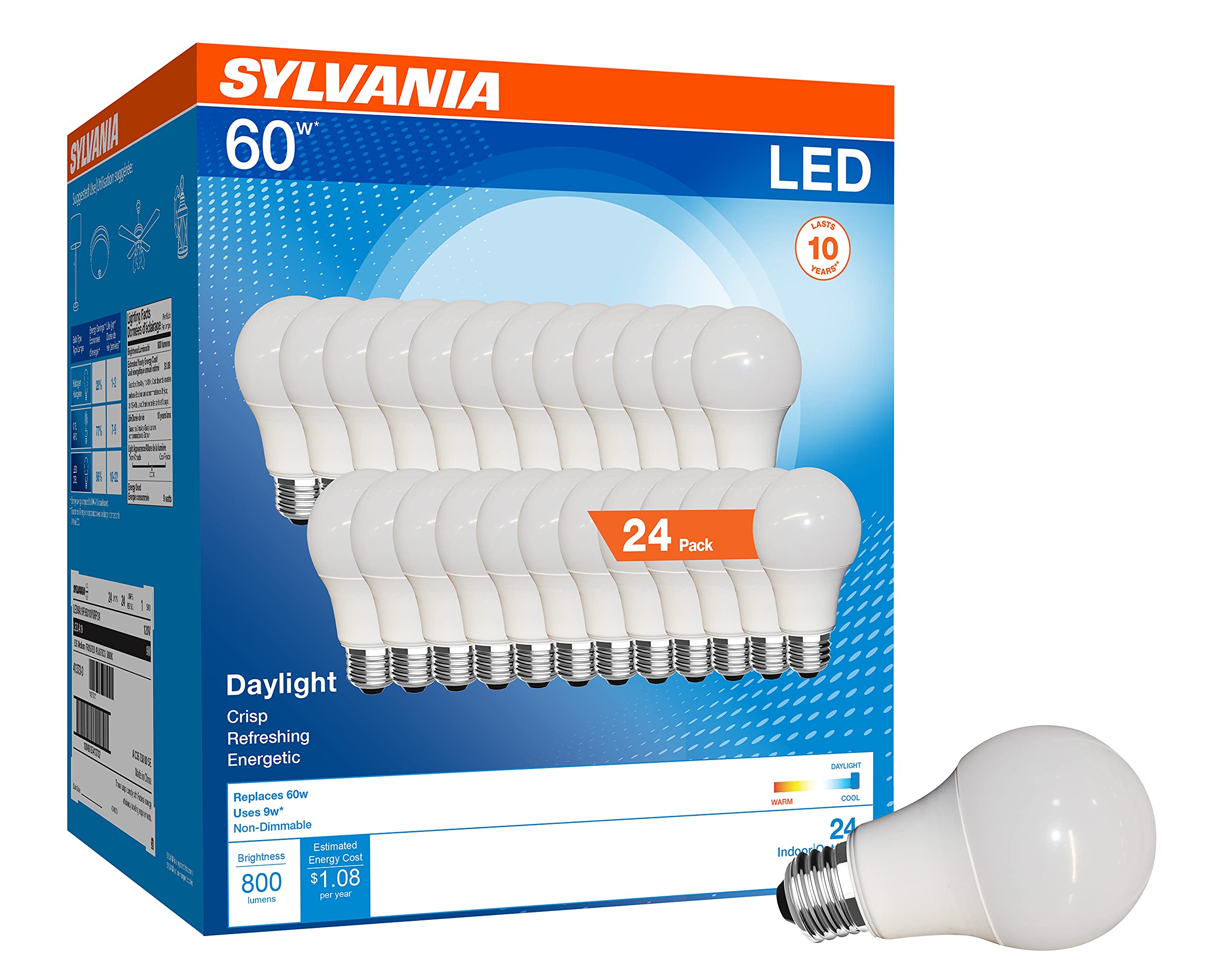 SYLVANIA LED A19 Light Bulb, 60W Equivalent, Efficient 9W, CEC Compliant, 10 Year, Non-Dimmable, 5000K, 800 Lumens, 90 CRI, Daylight - 24 Pack (41373)