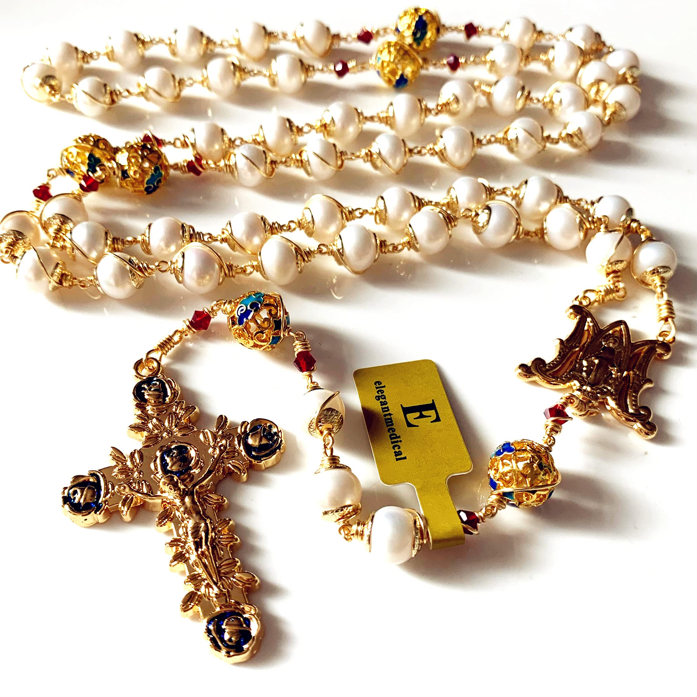 elegantmedical HANDMADE Gold Wire Wrapped Bead AAA White 9mm Real Pearl & Enamel Bead Rosary Cross NECKLACE BOX