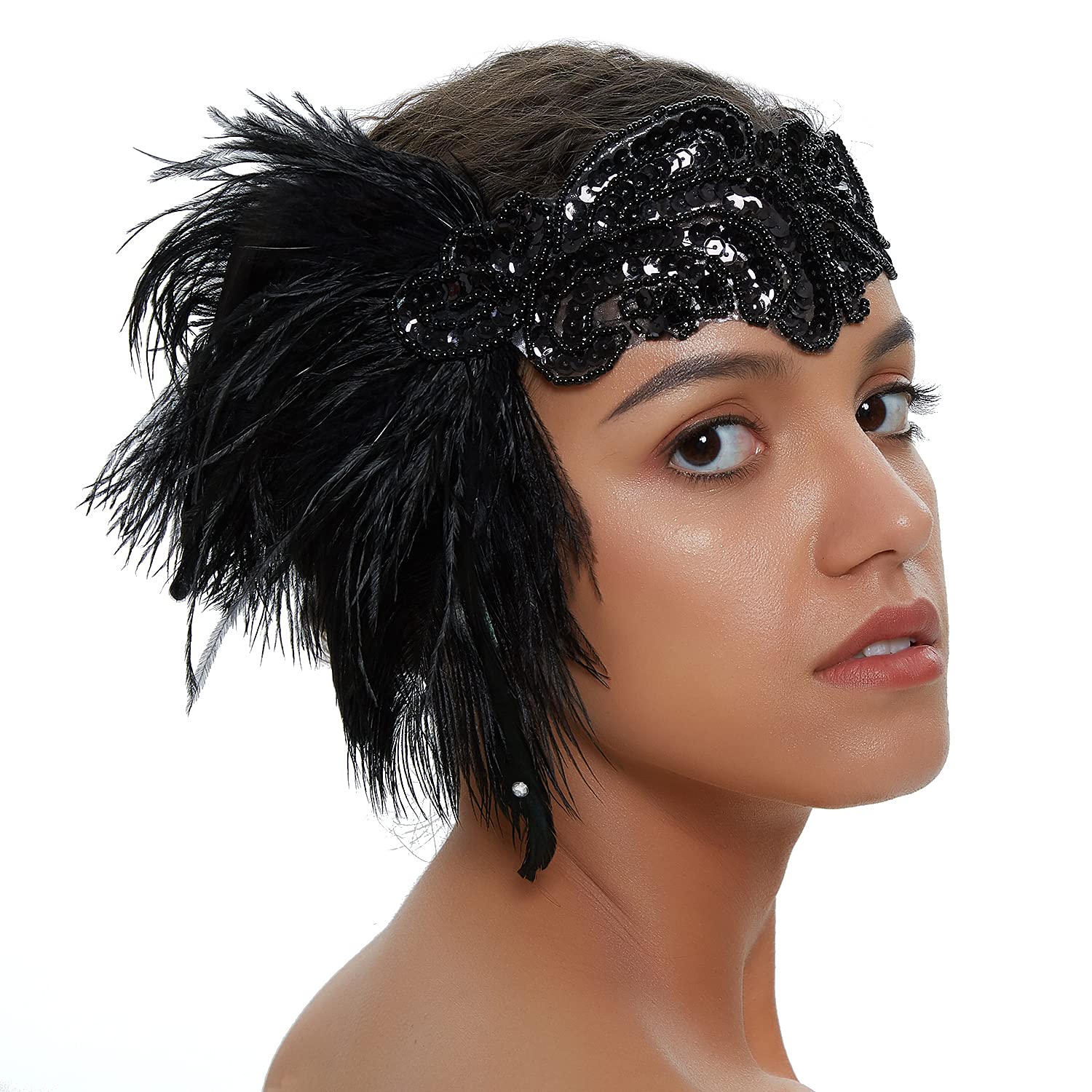 LATIMOON 1920s Flapper Headband Vintage Black Feather Headpiece with Sequin Beads Roaring 20s great Gatsby Hair Accessory for Women