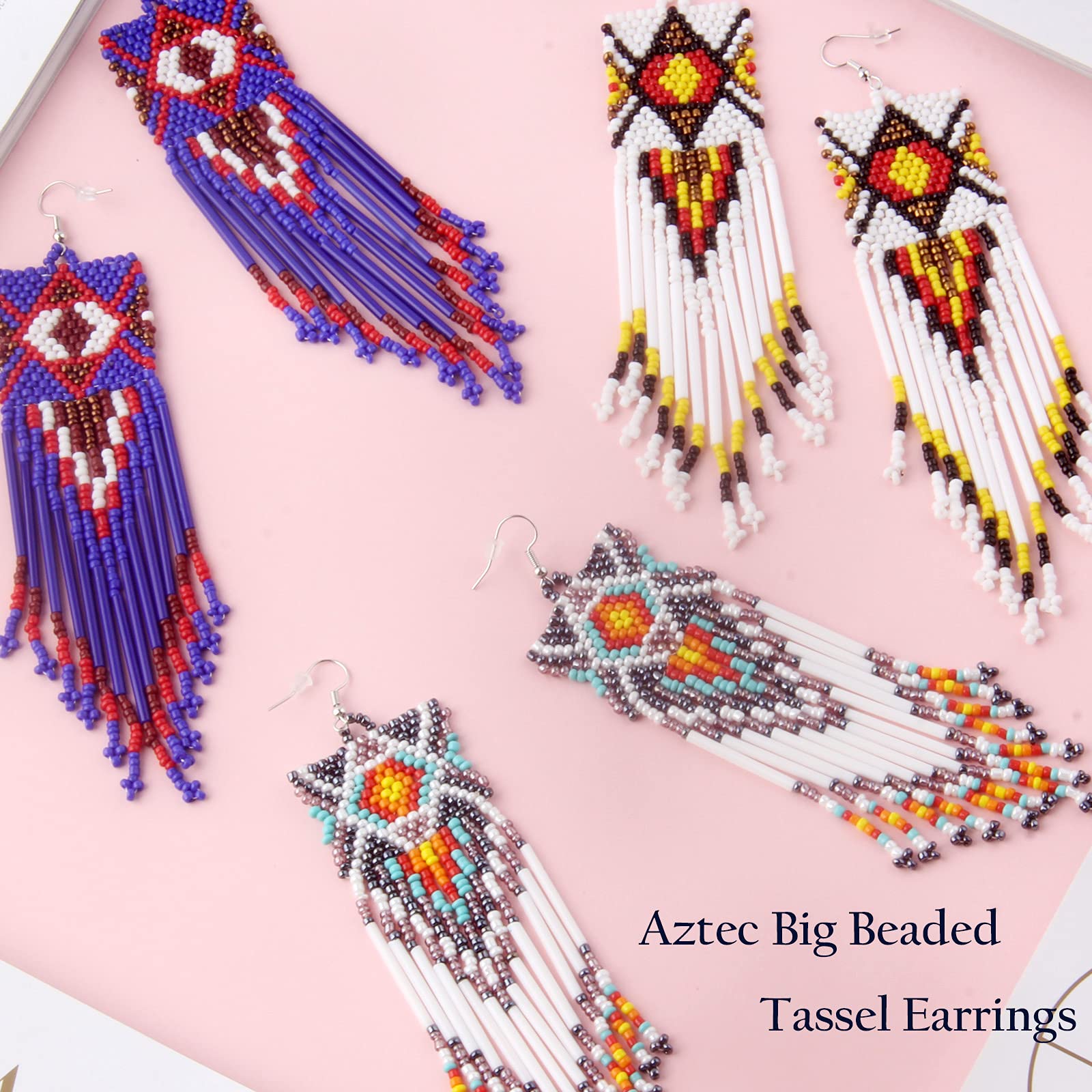 Long Beaded Tassel Earrings – Big Aztec Fringe Bead Drop Dangle Earrings, Bohemian Seed Tube Bead Tribal Earrings Statement, Pendientes De Borla, Idea for Women, Sister, Lover, Outfit, Daily Wearing (Colorful Aztec Earrings)