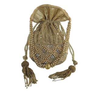 Women Handmade Beadwork Motif, Indian Potli Bag, Drawstring Bucket Bag, Bridal Evening Purse In Gold (Gold #1)