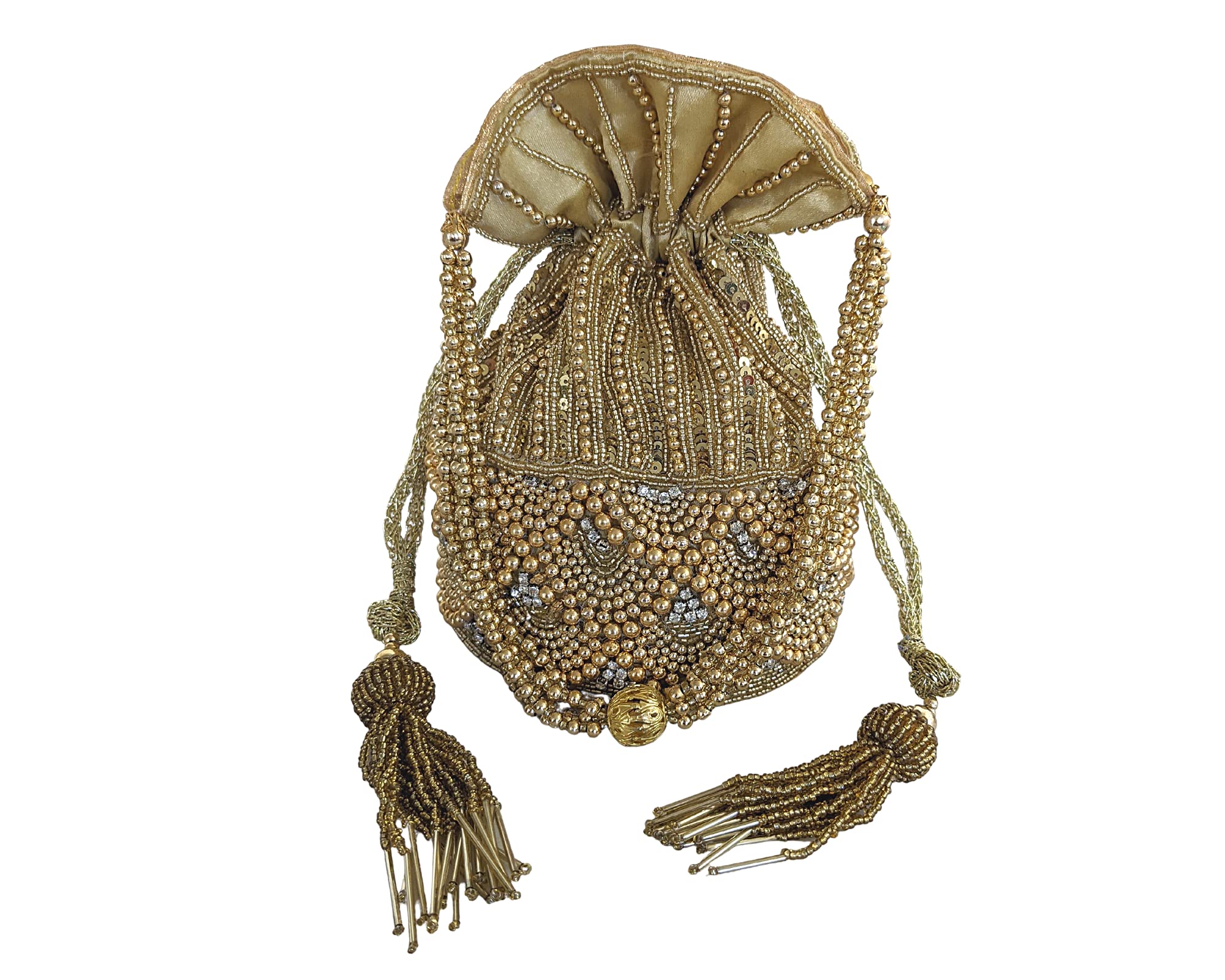 Women Handmade Beadwork Motif, Indian Potli Bag, Drawstring Bucket Bag, Bridal Evening Purse In Gold (Gold #1)