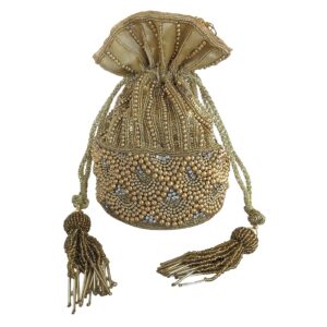 Women Handmade Beadwork Motif, Indian Potli Bag, Drawstring Bucket Bag, Bridal Evening Purse In Gold (Gold #1)