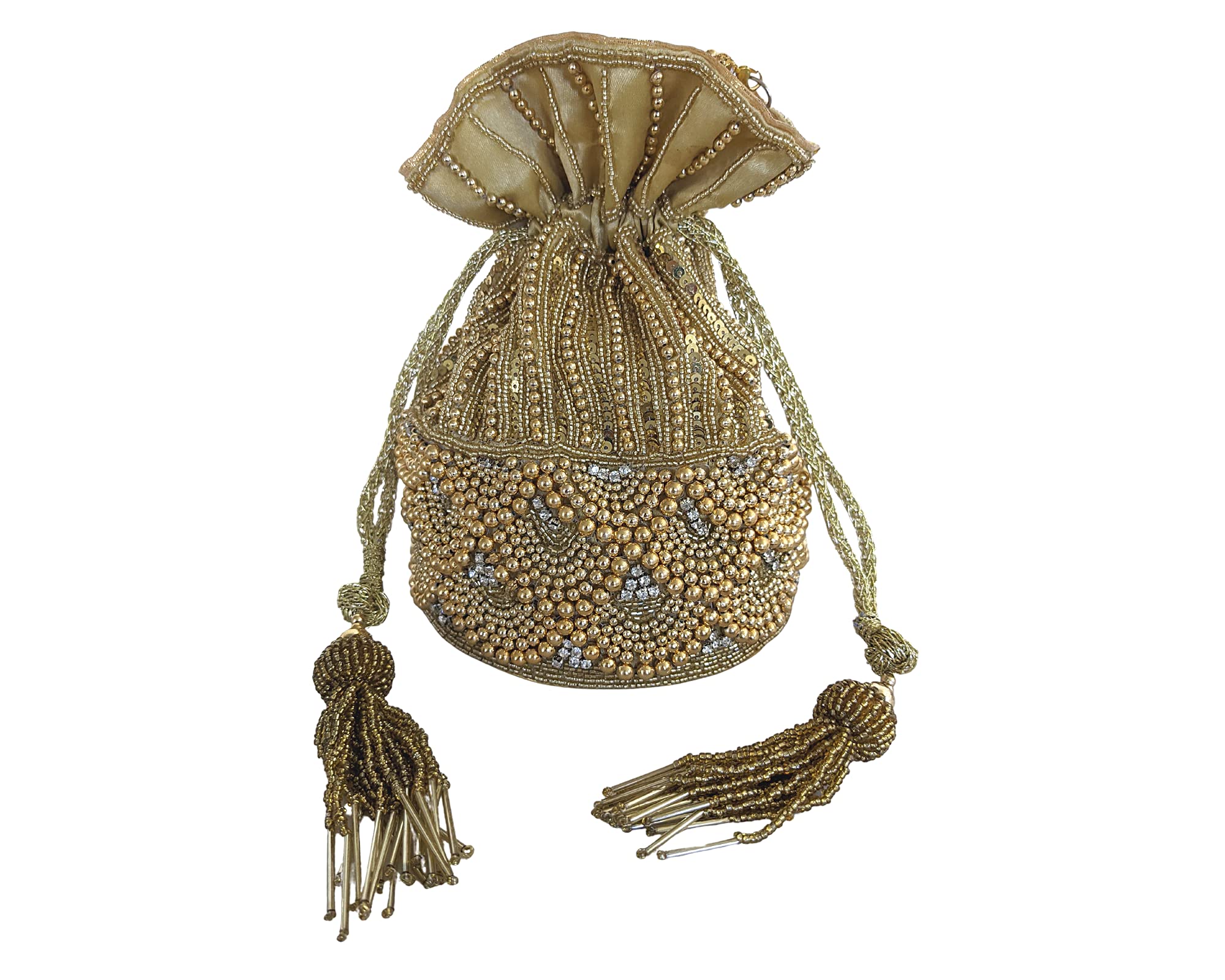 Women Handmade Beadwork Motif, Indian Potli Bag, Drawstring Bucket Bag, Bridal Evening Purse In Gold (Gold #1)