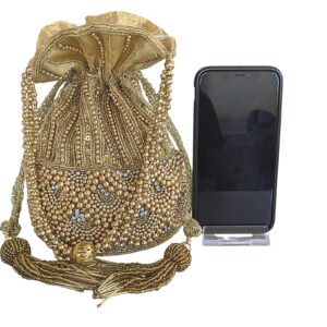 Women Handmade Beadwork Motif, Indian Potli Bag, Drawstring Bucket Bag, Bridal Evening Purse In Gold (Gold #1)