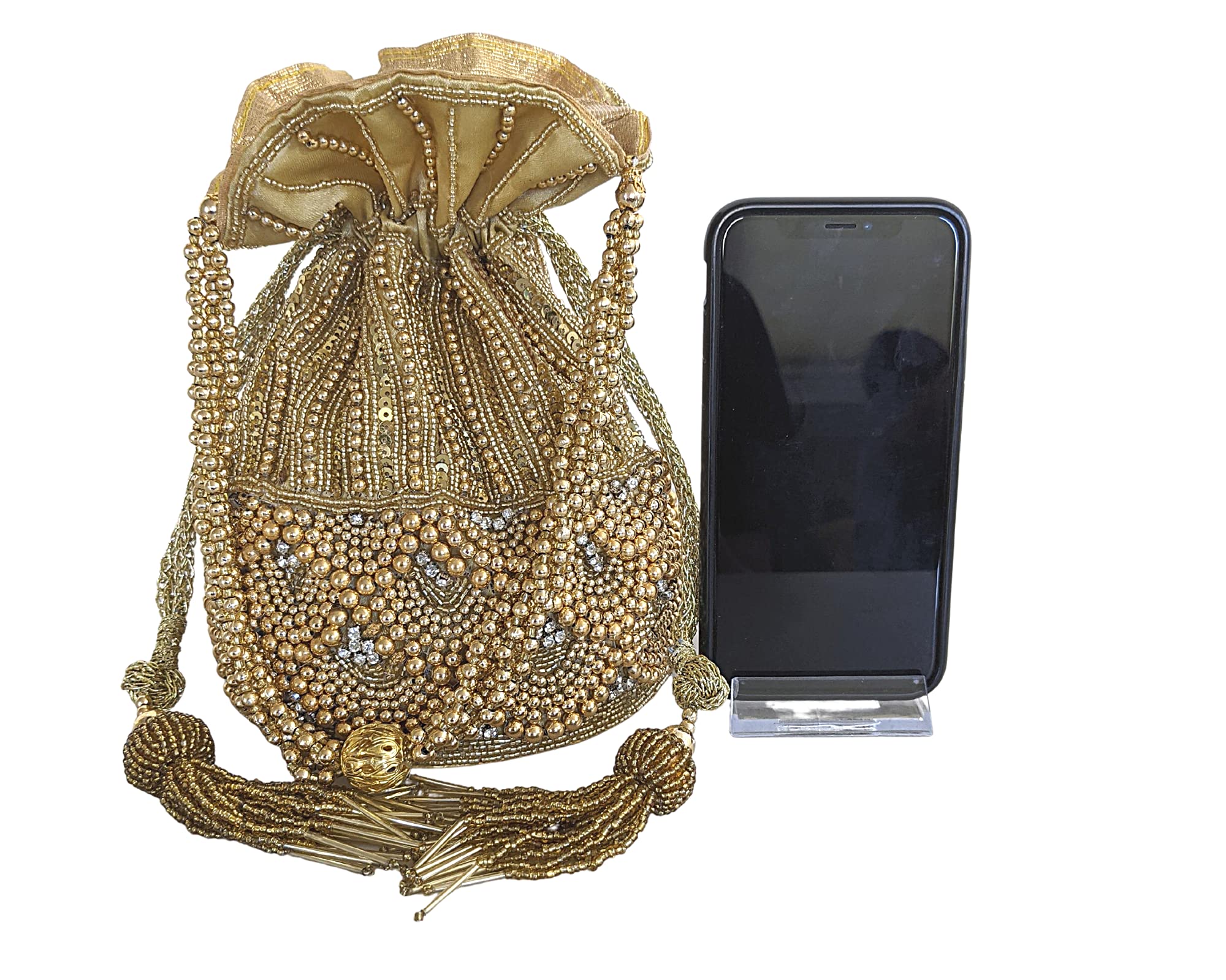 Women Handmade Beadwork Motif, Indian Potli Bag, Drawstring Bucket Bag, Bridal Evening Purse In Gold (Gold #1)