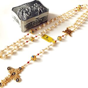 elegantmedical HANDMADE Gold Wire Wrapped Bead AAA White 9mm Real Pearl & Enamel Bead Rosary Cross NECKLACE BOX