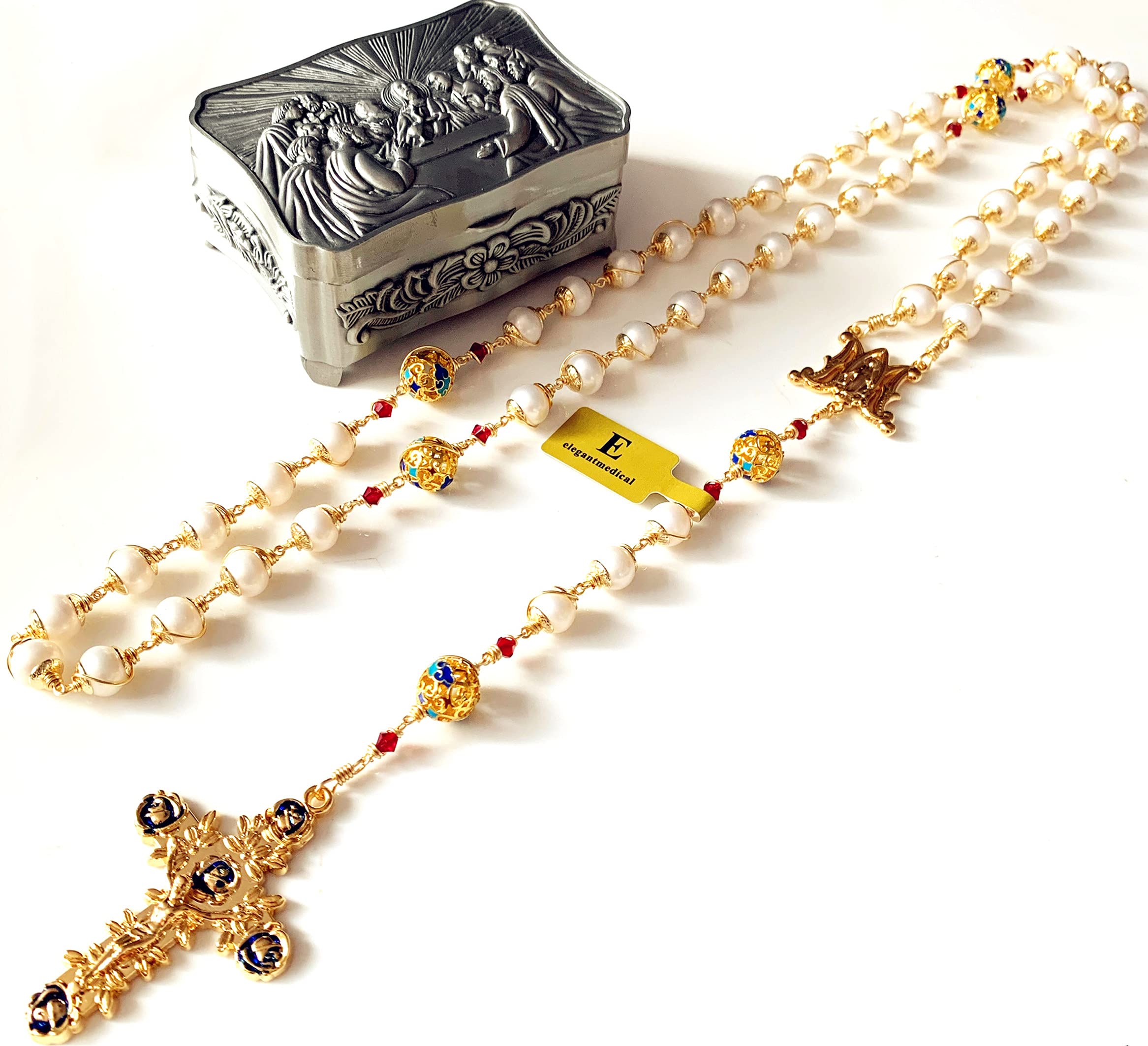 elegantmedical HANDMADE Gold Wire Wrapped Bead AAA White 9mm Real Pearl & Enamel Bead Rosary Cross NECKLACE BOX