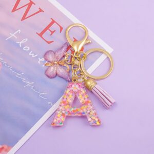 OKAICEN Fashion Snowflakes Alphabet Initial Letter Keychain Purple Tassel Butterfly Pendant Key Ring for Purse Handbags Women Girl ('A')