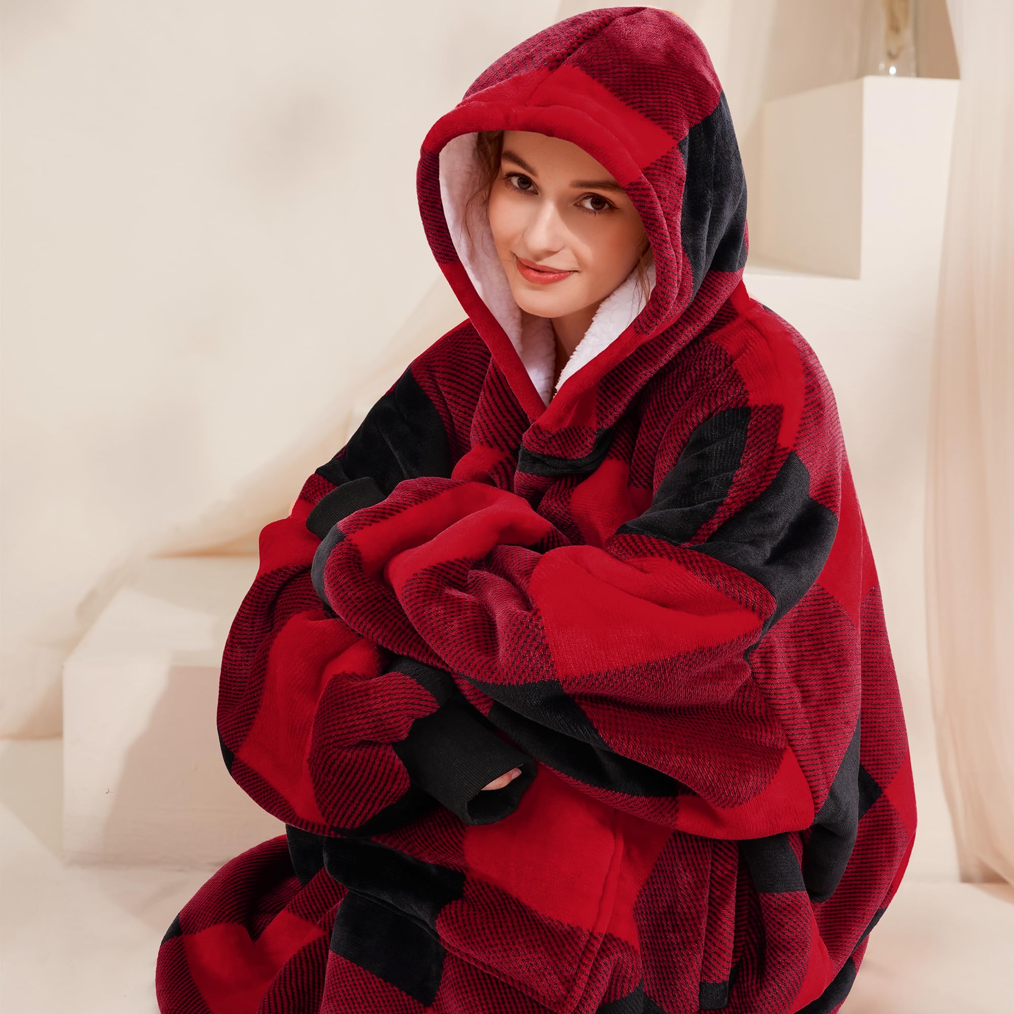 Blanket Hoodie Women & Men,Premium Sherpa Fleece Oversized Hoodie Blanket with Giant Pocket for Women,Super Cozy and Big Wearable Blanket Hoodie Gift Red Plaid