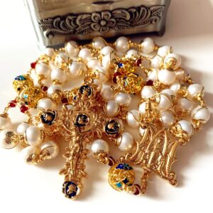 elegantmedical HANDMADE Gold Wire Wrapped Bead AAA White 9mm Real Pearl & Enamel Bead Rosary Cross NECKLACE BOX