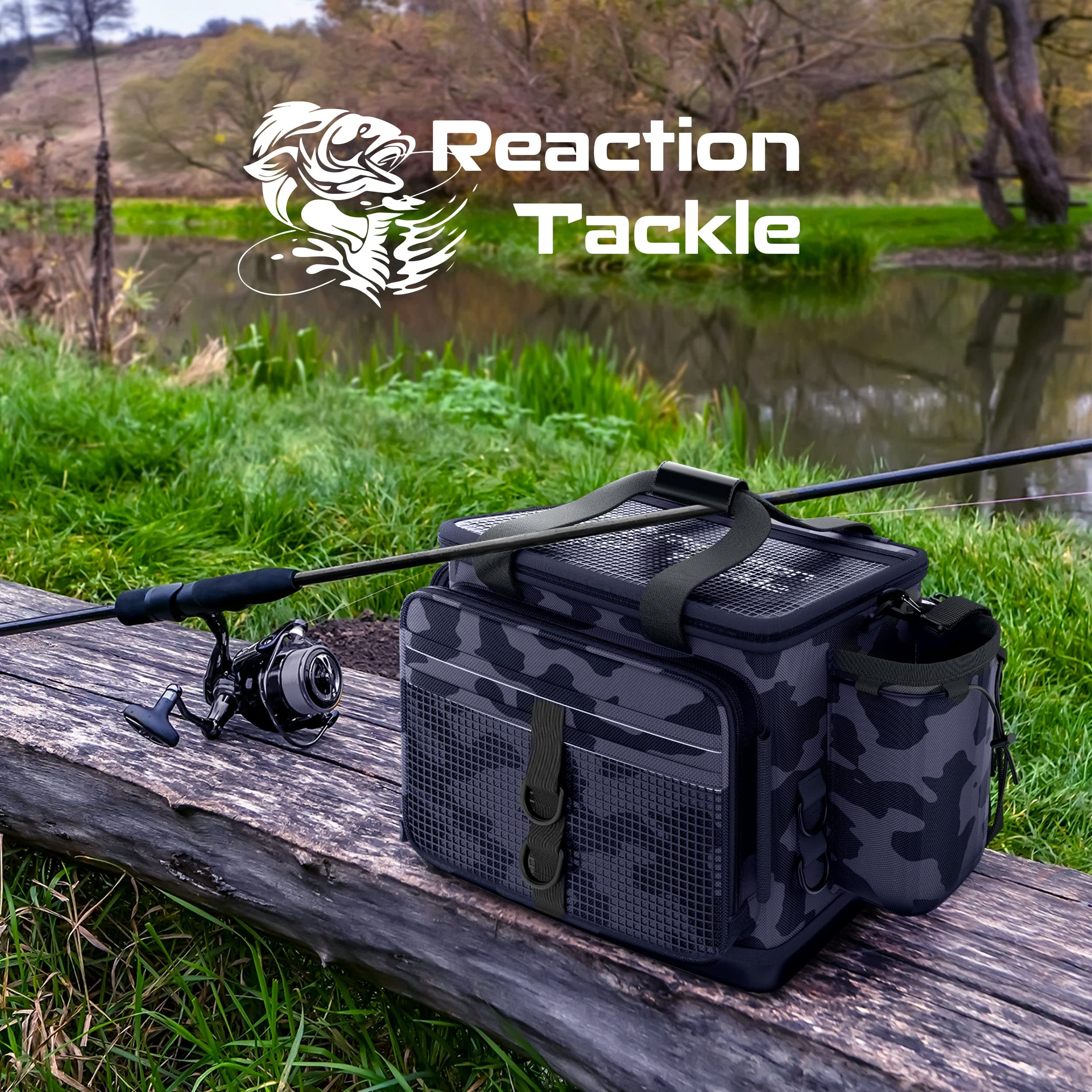 Reaction Tackle Fishing Tackle Bag - Water Resistant Camo Tackle Bag with Padded Shoulder Strap, D Ring Hanger, Suitable for 3600 Tackle Boxes, Compression Molded and Waterproof Non-Slip Bottom