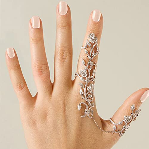 Sttiafay Crystal Chain Rings Gothic Hollow Carved Full Finger Ring Silver Index Rings Jewelry for Women