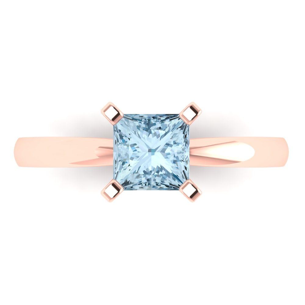 1.0 Carat Princess cut Custom Engraving Solitaire Aquamarine Blue faux Diamond Engagement Everlasting Ring 14k Rose Gold 7