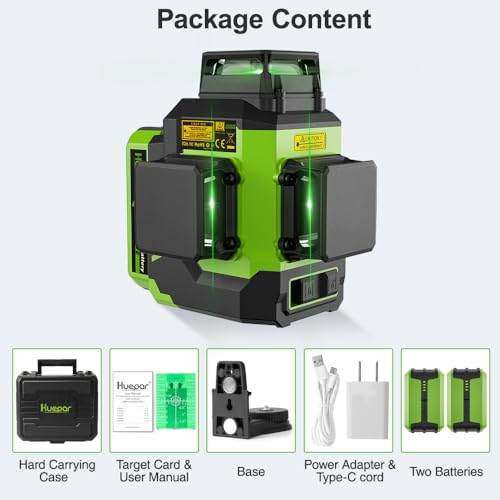 Huepar Laser Level 360 Self Leveling with 2 Batteries, Professional High Brightness 3 x 360° Cross Line Green Laser Level, 3D Laser Level for Construction or Renovation