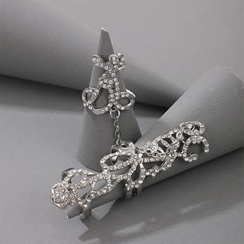 Sttiafay Crystal Chain Rings Gothic Hollow Carved Full Finger Ring Silver Index Rings Jewelry for Women