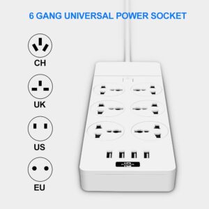 MAOZUA Universal Power Strip with 6 Oulets and 4 USB, 6.5ft Extension Cord 3000W Universal Power Strip Surge Protector 110V-250V Extension Lead for Home Office Dorm Room (White)