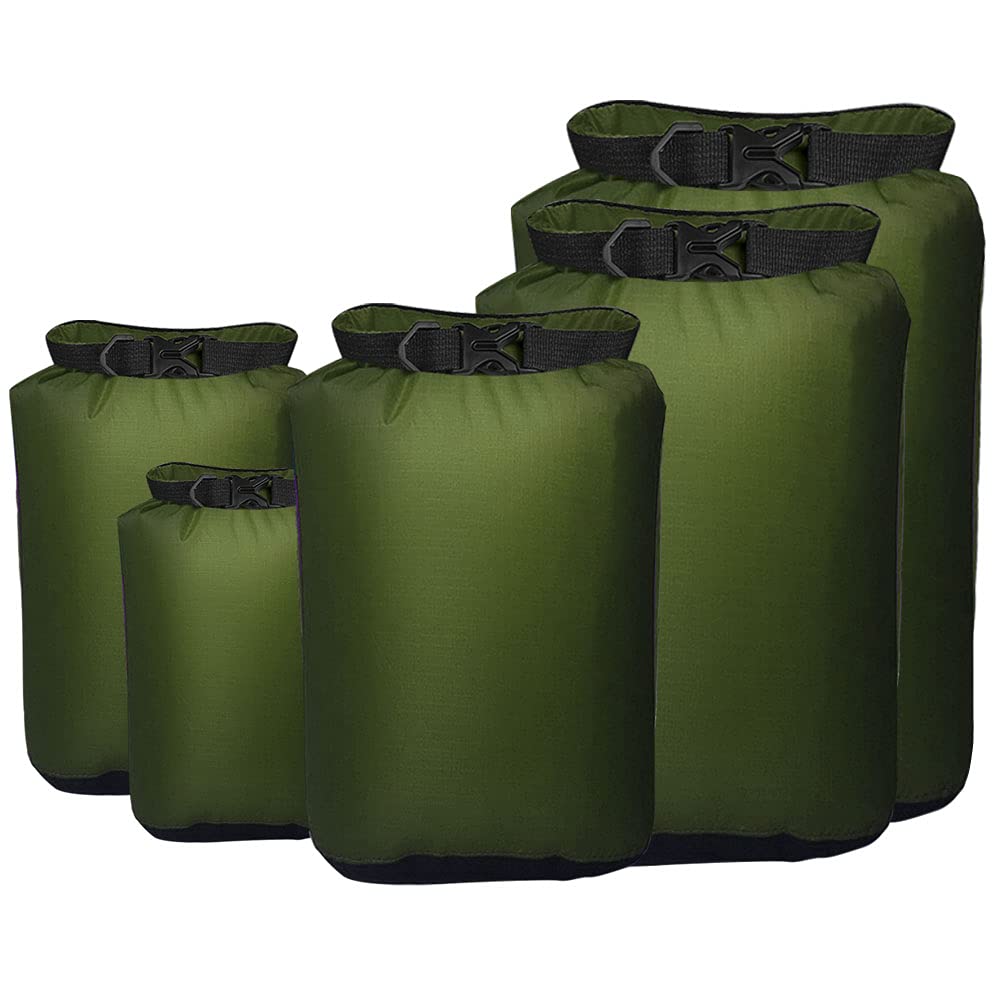 Pimoys 5 Pack Waterproof Dry Sacks, Lightweight Outdoor Dry Bags 20L /12L / 10L/ 6L/ 3.5L Ultimate Dry Bags for Kayaking Camping Rafting Boating (Army Green)