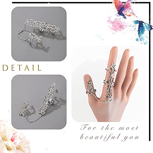 Sttiafay Crystal Chain Rings Gothic Hollow Carved Full Finger Ring Silver Index Rings Jewelry for Women