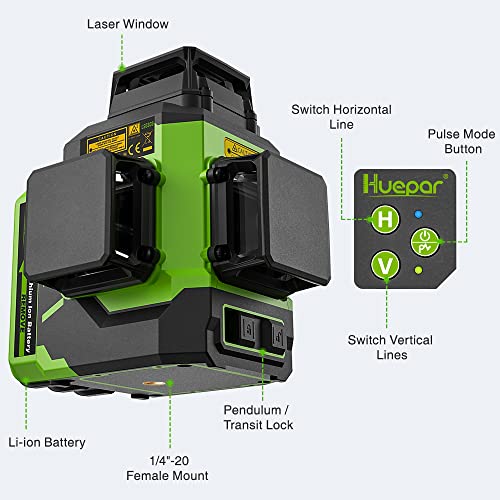 Huepar Laser Level 360 Self Leveling with 2 Batteries, Professional High Brightness 3 x 360° Cross Line Green Laser Level, 3D Laser Level for Construction or Renovation