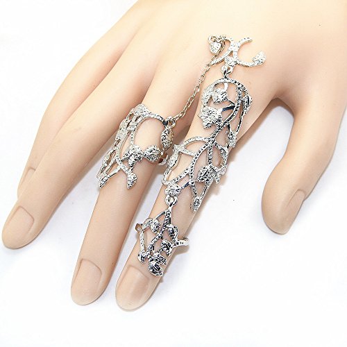 Sttiafay Crystal Chain Rings Gothic Hollow Carved Full Finger Ring Silver Index Rings Jewelry for Women