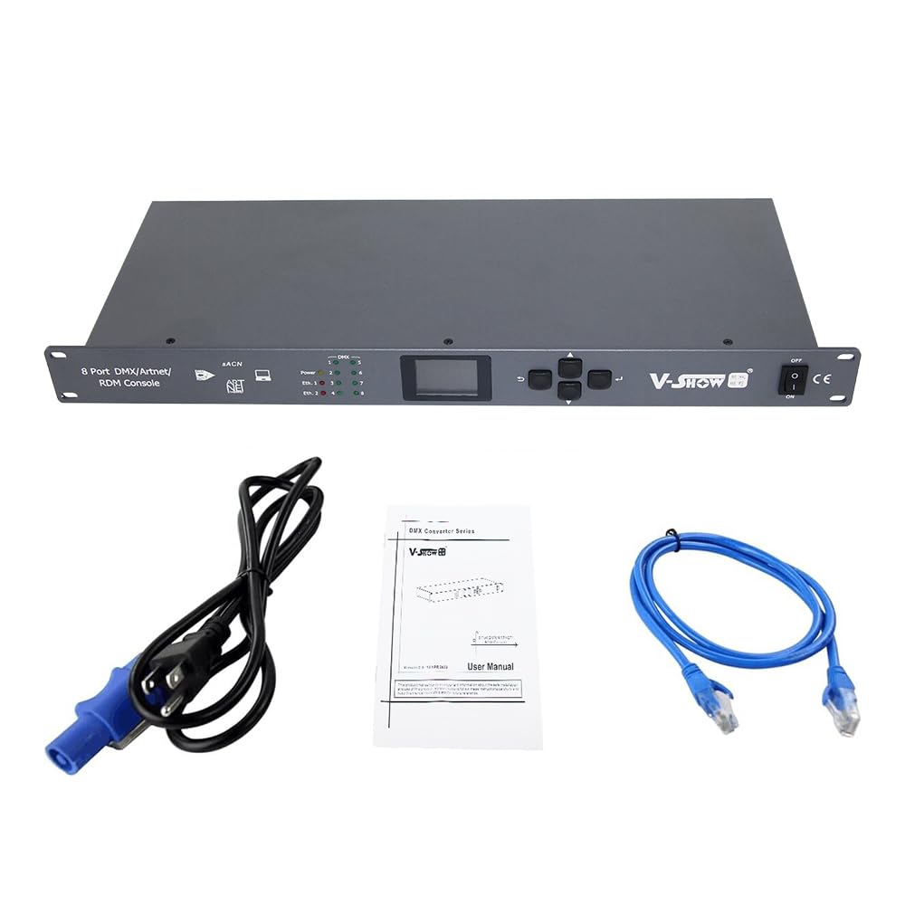 V-Show Artnet RDM DMX sACN Controller - 3 PIN DMX Splitter XLR Input and output, 4096 DMX Channel 8 Port Signal Amplifier for Stage Lighting Shows (42-FZQO-78RJ)