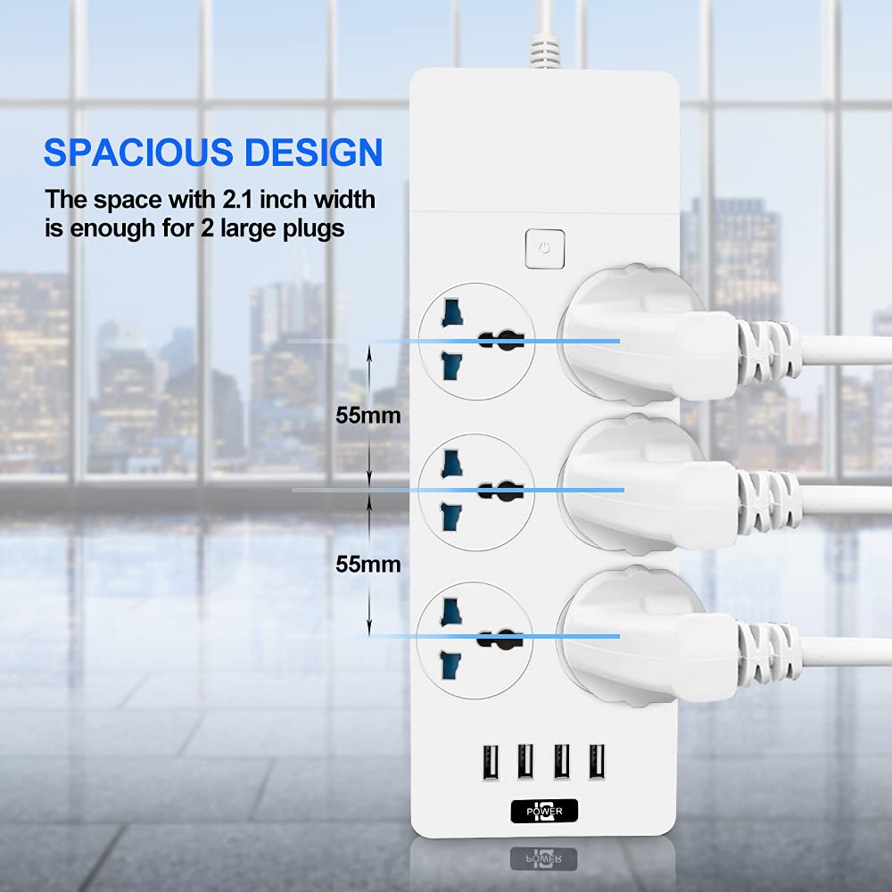 MAOZUA Universal Power Strip with 6 Oulets and 4 USB, 6.5ft Extension Cord 3000W Universal Power Strip Surge Protector 110V-250V Extension Lead for Home Office Dorm Room (White)