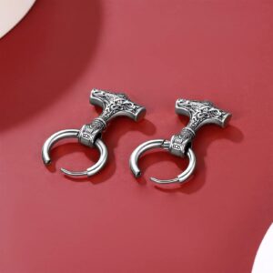 Viking Earrings for Women, Stainless Steel Norse Mythology Thor Hammer Ear Drops for Male Punk Jewelry