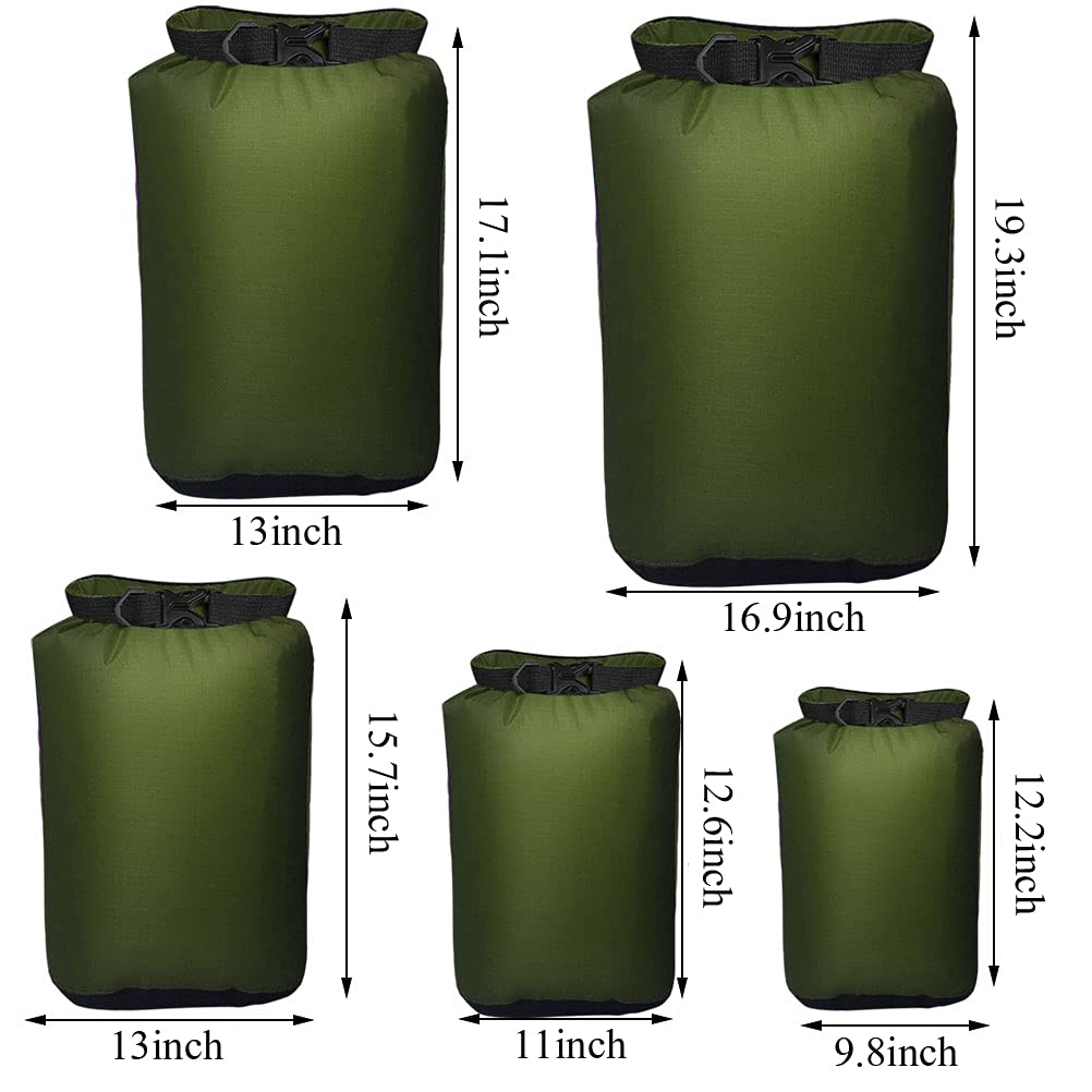 Pimoys 5 Pack Waterproof Dry Sacks, Lightweight Outdoor Dry Bags 20L /12L / 10L/ 6L/ 3.5L Ultimate Dry Bags for Kayaking Camping Rafting Boating (Army Green)