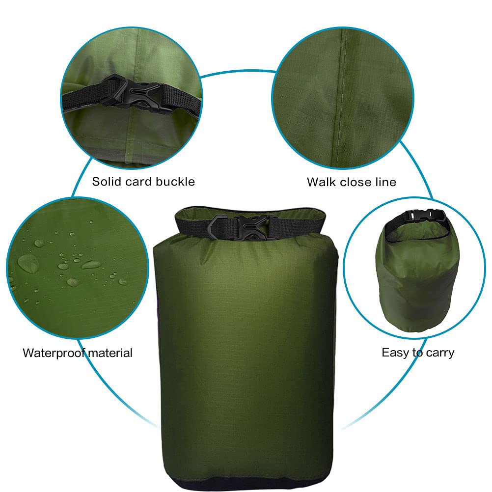 Pimoys 5 Pack Waterproof Dry Sacks, Lightweight Outdoor Dry Bags 20L /12L / 10L/ 6L/ 3.5L Ultimate Dry Bags for Kayaking Camping Rafting Boating (Army Green)