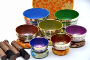 tibetan singing bowls set of 7 high sided colored with carry box | bells for meditation and yoga | sound therapy instruments for relaxation | singing bowls chakra healing for spiritual and mental calm