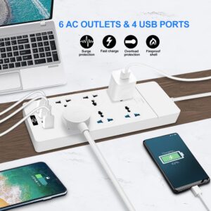 MAOZUA Universal Power Strip with 6 Oulets and 4 USB, 6.5ft Extension Cord 3000W Universal Power Strip Surge Protector 110V-250V Extension Lead for Home Office Dorm Room (White)