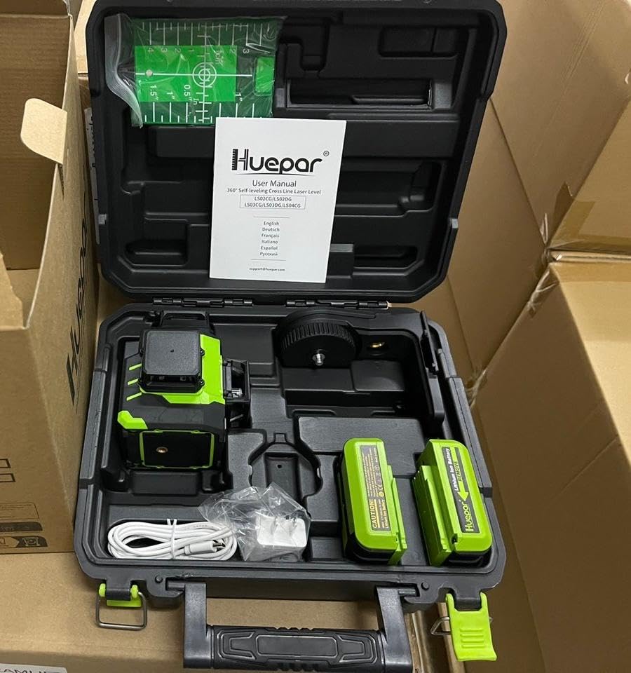 Huepar Laser Level 360 Self Leveling with 2 Batteries, Professional High Brightness 3 x 360° Cross Line Green Laser Level, 3D Laser Level for Construction or Renovation