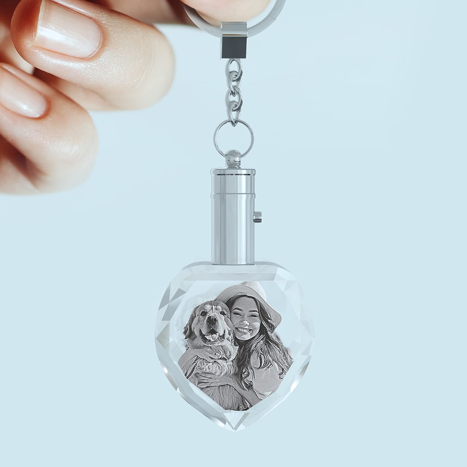 CAPTUR3D Crystal Photo Light-up Keychain, with custom photo engraved and LED light - Customized Gift (Christmas, Memorial, Pets), Heart