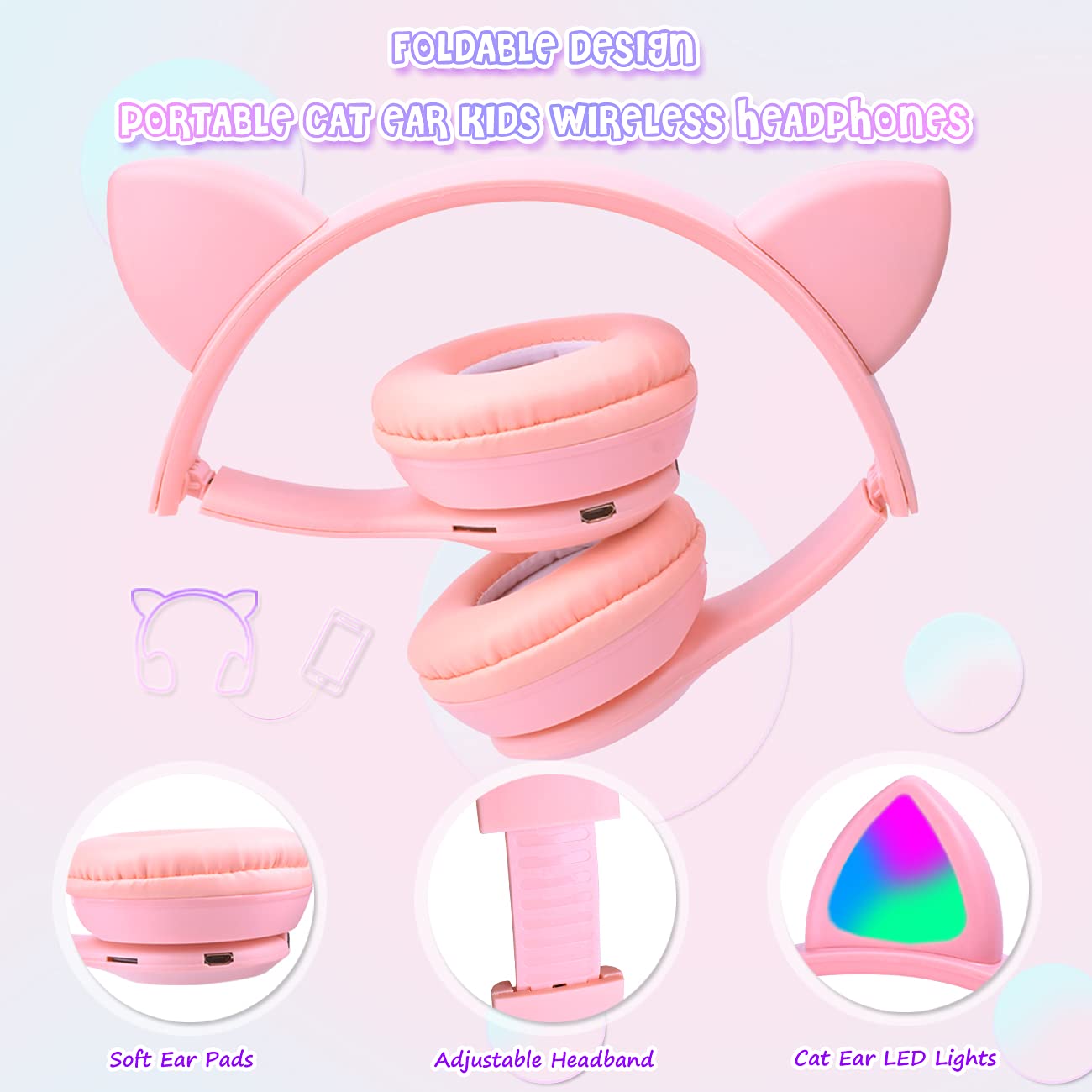 Pink Headphones for Kids, Megedream Cat Ear Led Light Up Kids Headphones Wiressless, 3.5mm Jack Wired, TF Card 3 in 1 Headset for Kids/School/iPad/Kids Tablet/Travel - Foldable Over