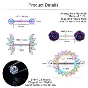 Cisyozi Nipple Rings Piercing Jewelry 14G 316L Stainless Surgical Steel Flower Butterfly Colorful Purple Hypoallergenic Nipple Shield Nipplerings Ring Hoops Barbell Bar Piercing Jewelry Women 14mm