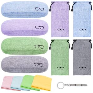 LZYMSZ 4 Pack Glasses Case, Hard Shell Eyeglasses Case with Storage Bag and Soft Glasses Cloth, Unisex Portable Sunglasses Case with Glasses Clip and Glasses Screwdriver (4 Colors)