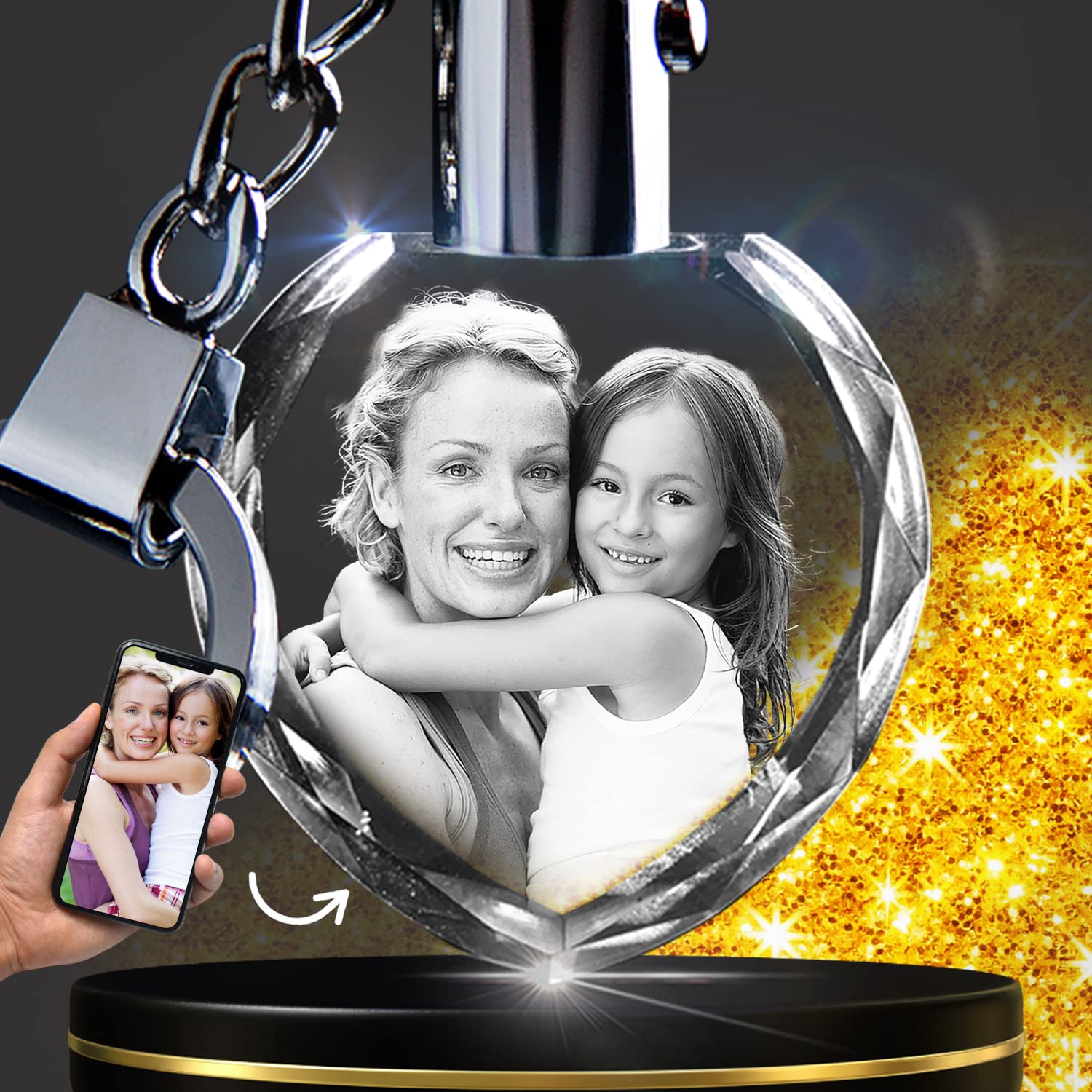 CAPTUR3D Crystal Photo Light-up Keychain, with custom photo engraved and LED light - Customized Gift (Christmas, Memorial, Pets), Heart