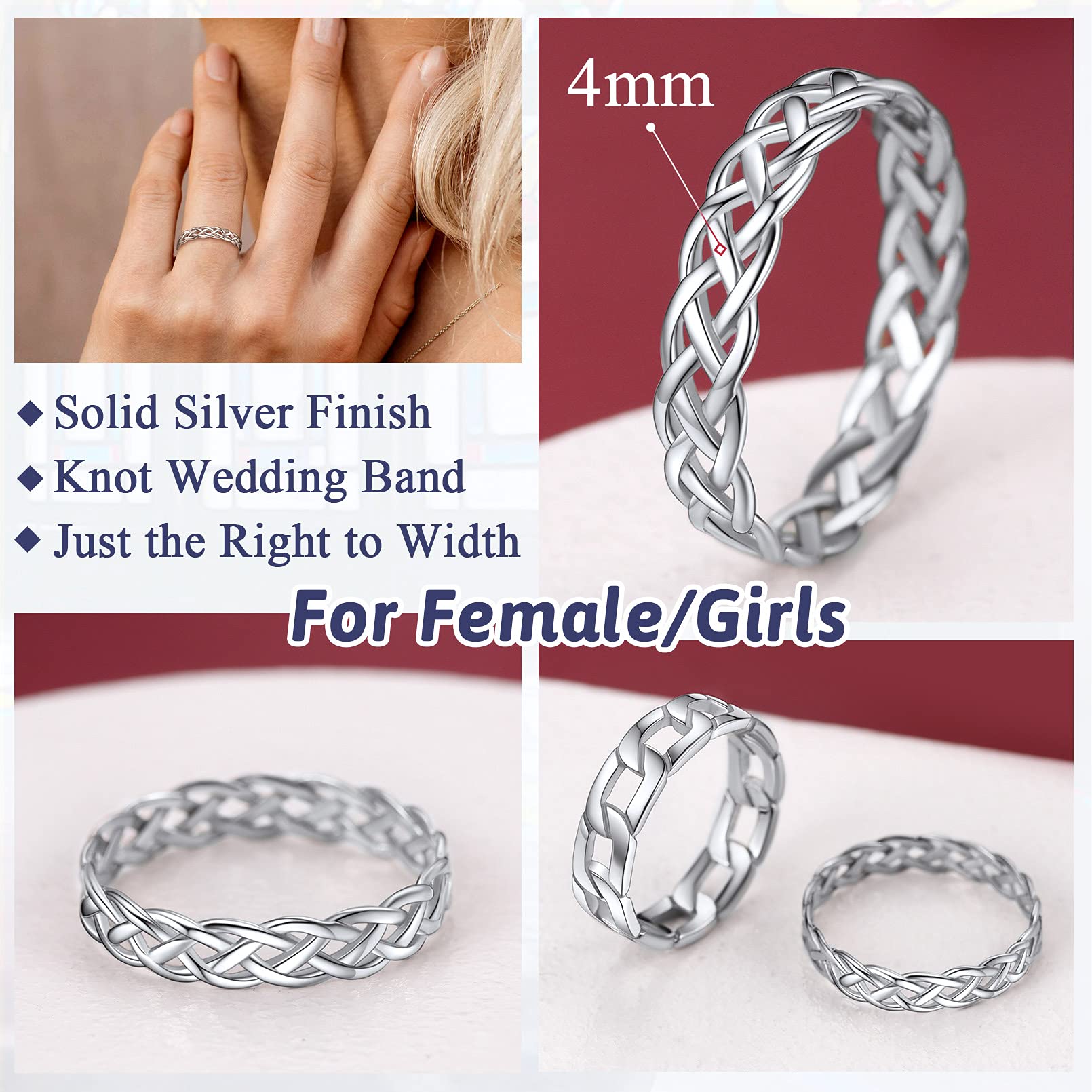 FaithHeart Women Wedding Rings 4mm Plain Silver Ireland Celtic Knot Band Ring Jewelry for Wife