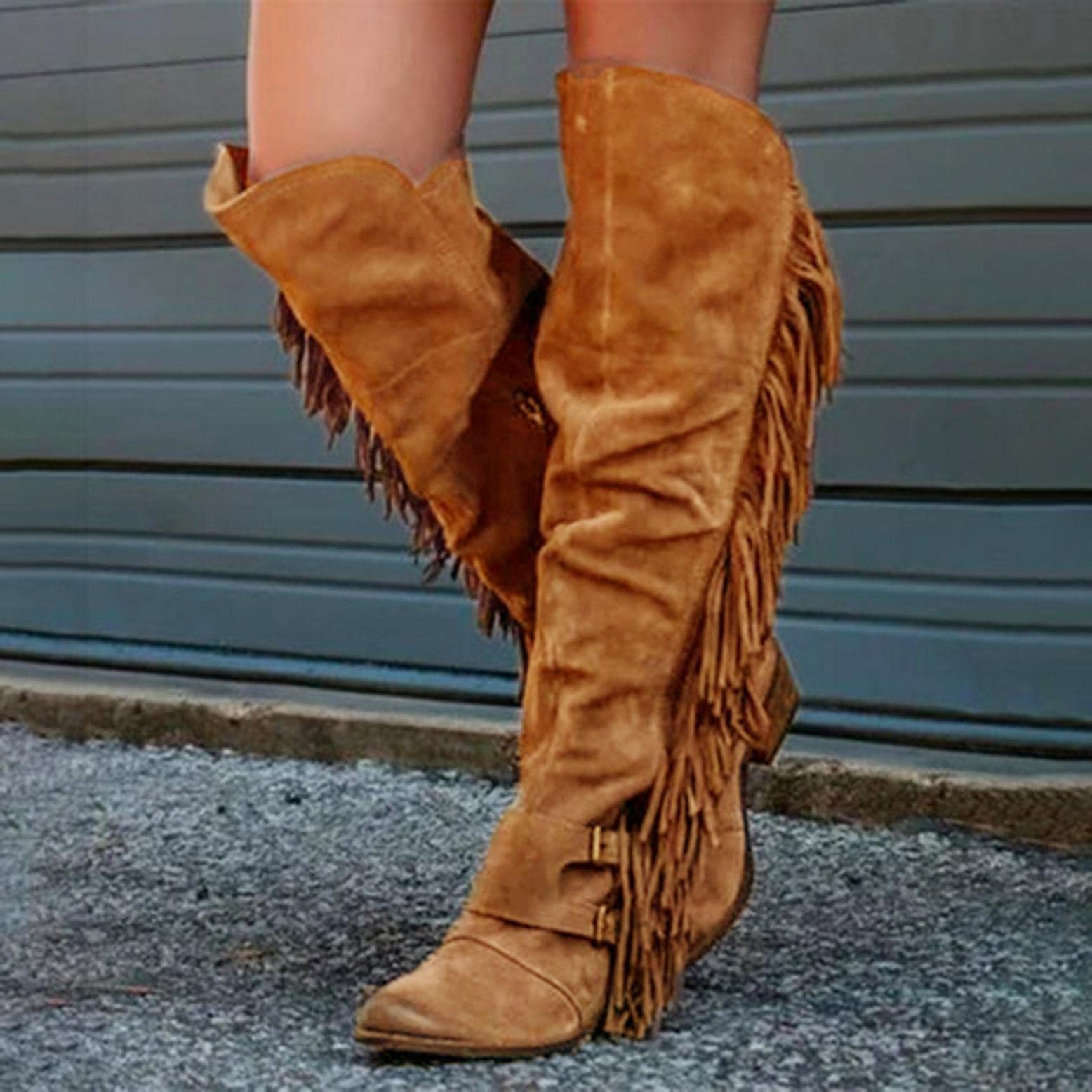 NOLDARES Cowboy Boots Chunky Block Heel Square Toe Vintage Fringe Knee High Western Knight Retro Platform Boots