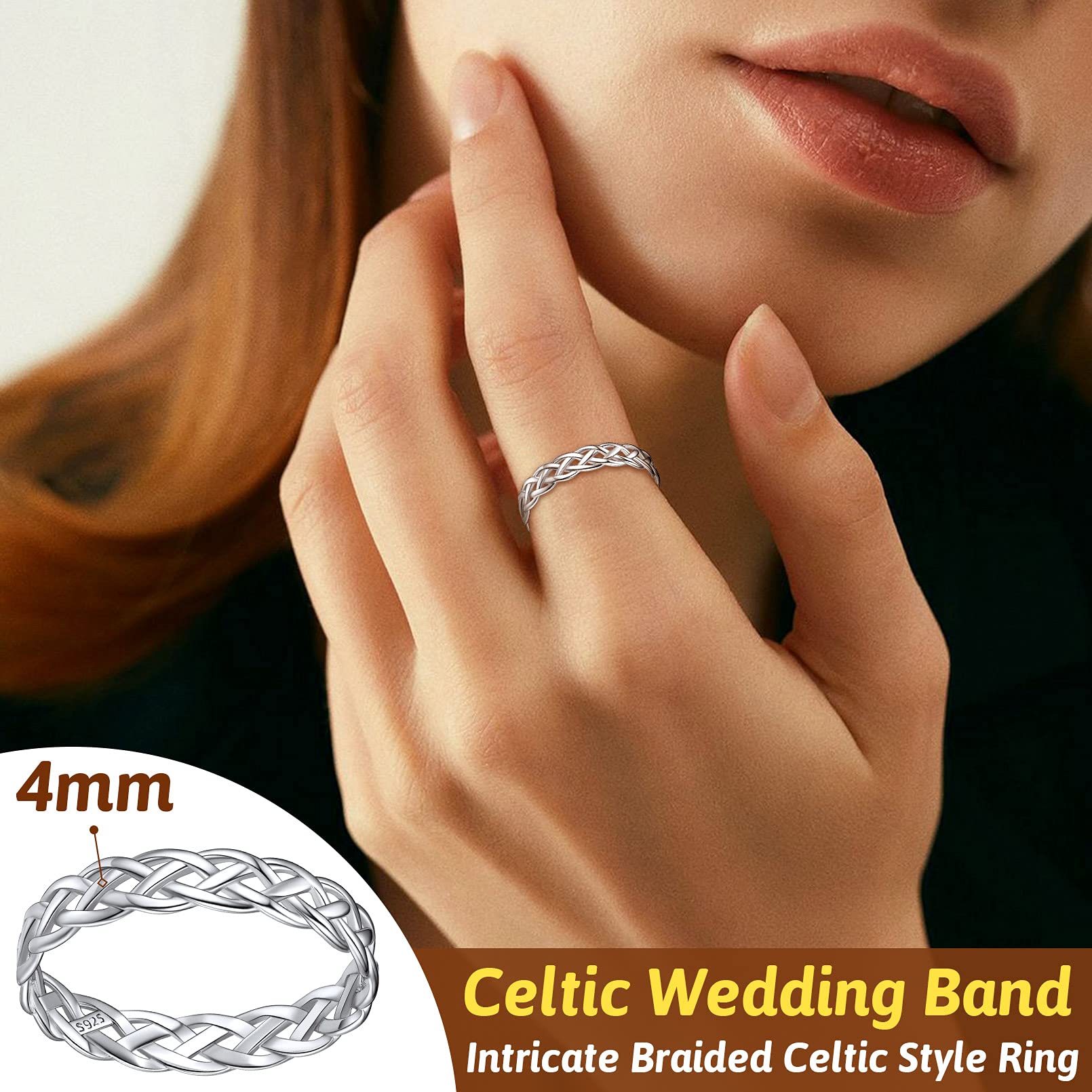 FaithHeart Women Wedding Rings 4mm Plain Silver Ireland Celtic Knot Band Ring Jewelry for Wife