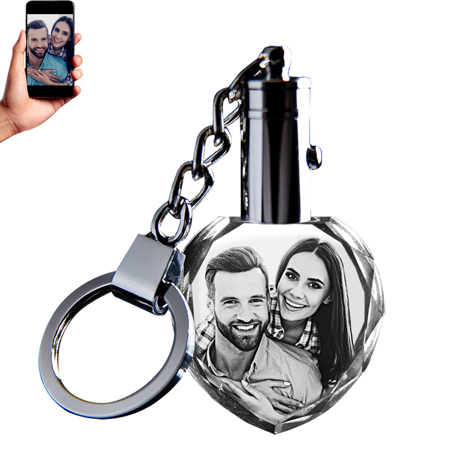 CAPTUR3D Crystal Photo Light-up Keychain, with custom photo engraved and LED light - Customized Gift (Christmas, Memorial, Pets), Heart